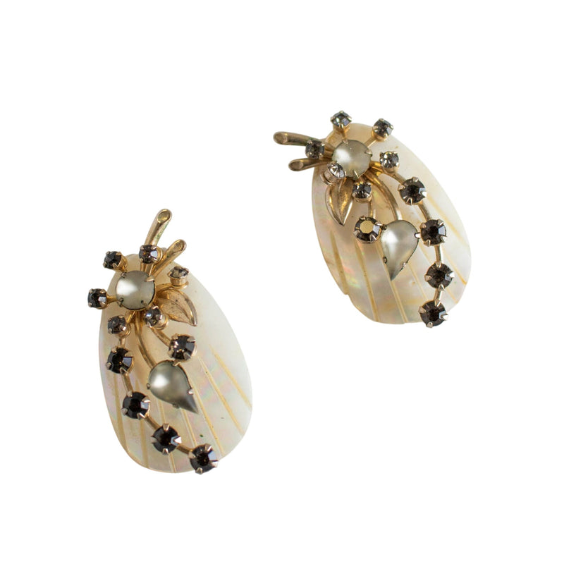 Vintage Mother-Of-Pearl Clip-On Earrings With Gold Floral Design And Rhinestones