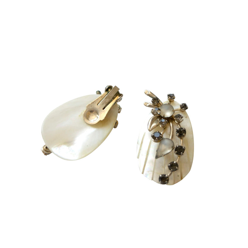 Vintage Mother-Of-Pearl Clip-On Earrings With Gold Floral Design And Rhinestones