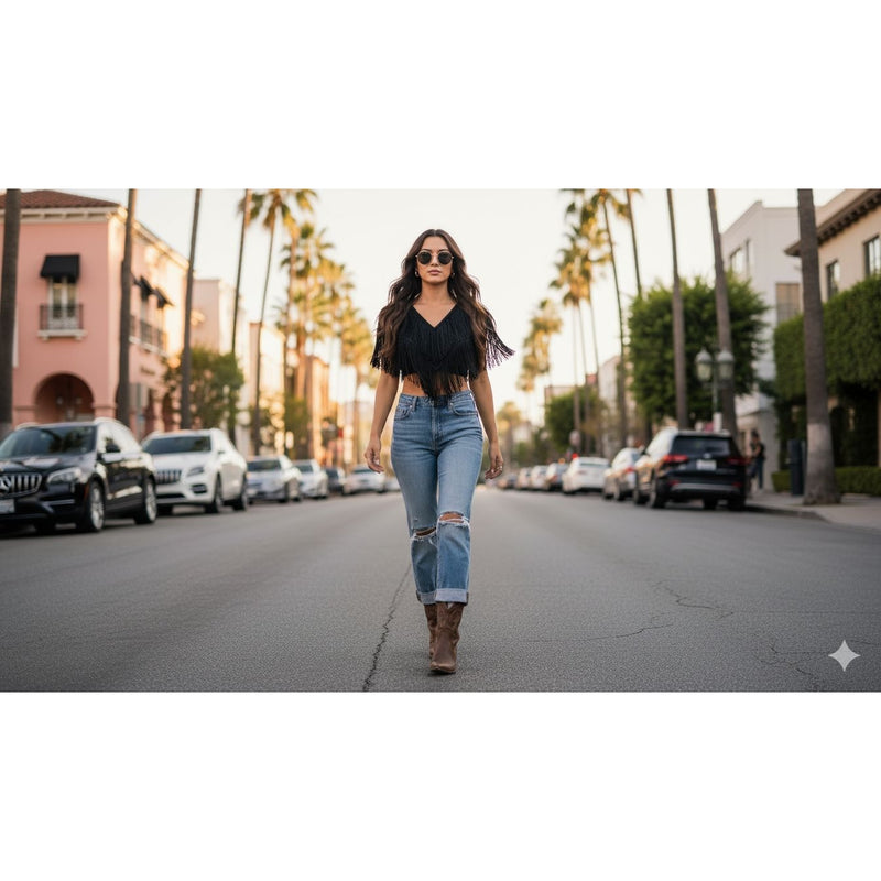 Vintage Suzette International Black Leather Fringe Capelet Top Shawl