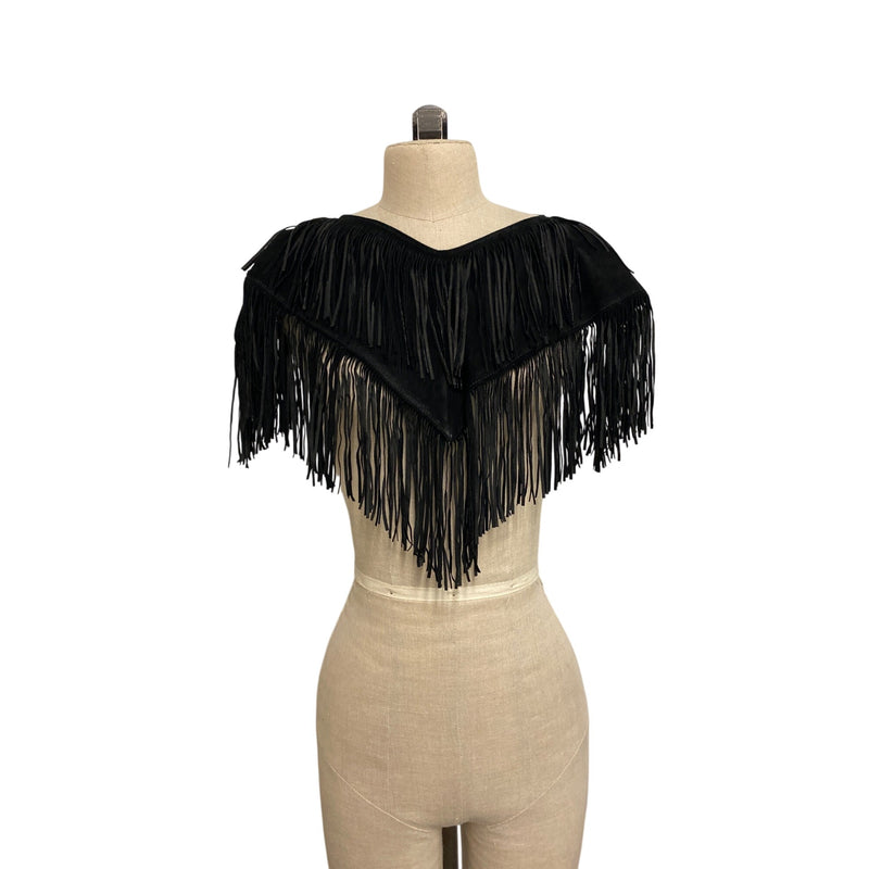 Vintage Suzette International Black Leather Fringe Capelet Top Shawl