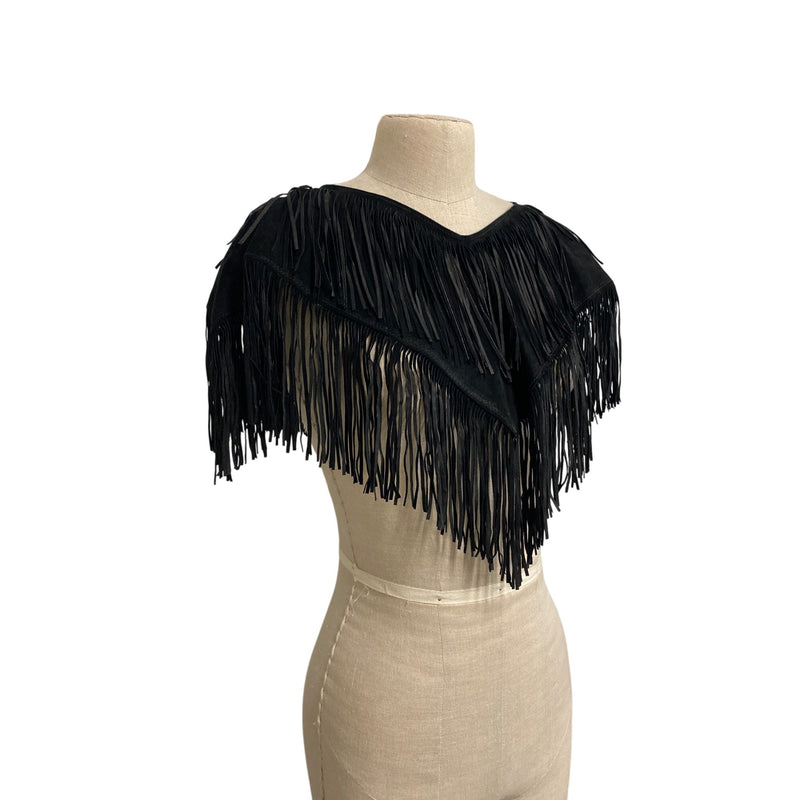 Vintage Suzette International Black Leather Fringe Capelet Top Shawl