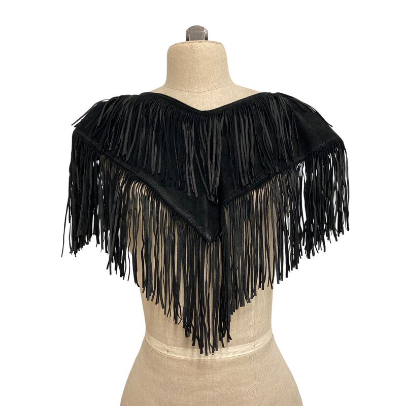 Vintage Suzette International Black Leather Fringe Capelet Top Shawl