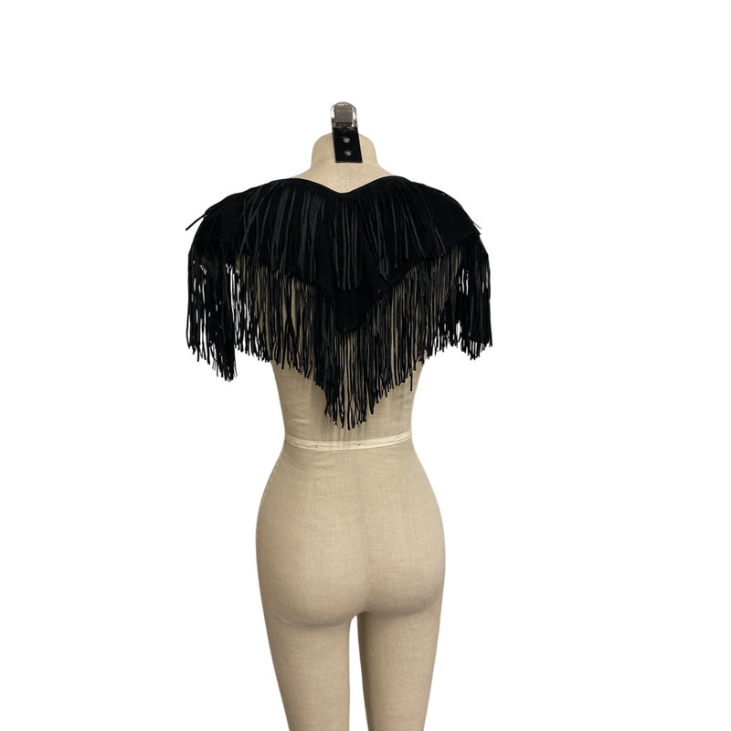 Vintage Suzette International Black Leather Fringe Capelet Top Shawl