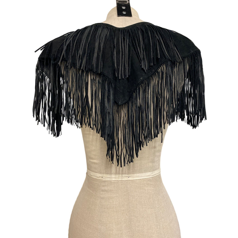 Vintage Suzette International Black Leather Fringe Capelet Top Shawl