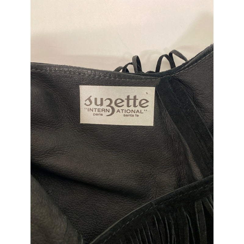 Vintage Suzette International Black Leather Fringe Capelet Top Shawl