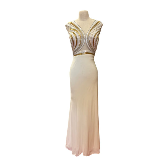 Vintage Tony BowlsTM Dress Floor Length Gown With Gold White Beading Glamorous Bridal Homecoming Fabulous Prom Metallic Dress Formal MOB