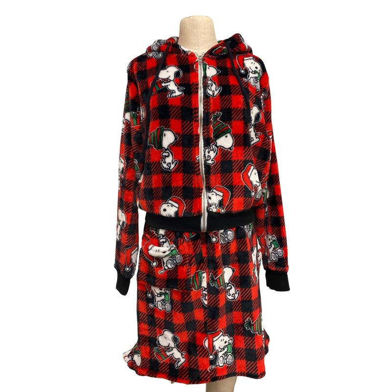 LUXBOHEME Handmade Munki Munki Peanuts Snoopy 2-Piece Upcycled Hoodie Skirt Set Red Black Plaid, Fundraiser for Sustainable Fashion Program