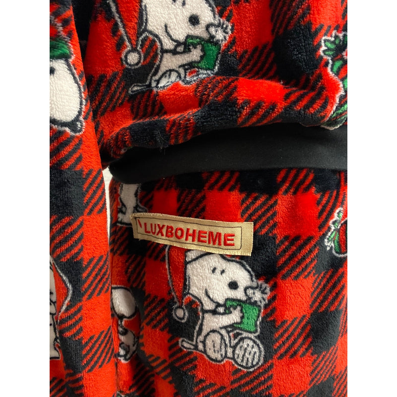 LUXBOHEME Handmade Munki Munki Peanuts Snoopy 2-Piece Upcycled Hoodie Skirt Set Red Black Plaid, Fundraiser for Sustainable Fashion Program