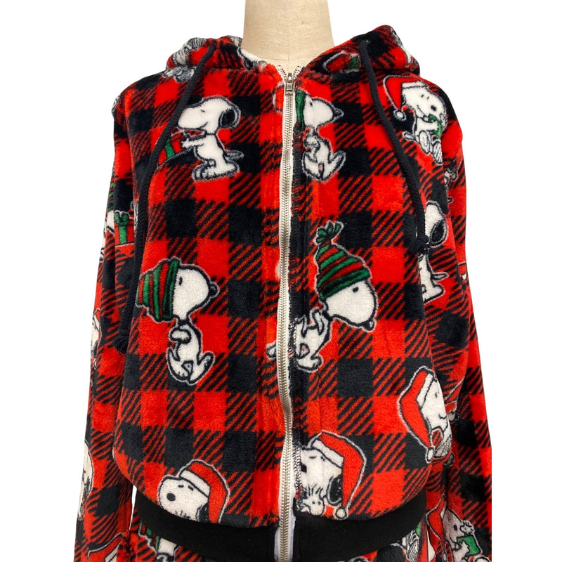 LUXBOHEME Handmade Munki Munki Peanuts Snoopy 2-Piece Upcycled Hoodie Skirt Set Red Black Plaid, Fundraiser for Sustainable Fashion Program