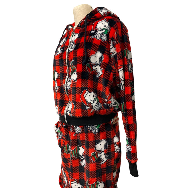 LUXBOHEME Handmade Munki Munki Peanuts Snoopy 2-Piece Upcycled Hoodie Skirt Set Red Black Plaid, Fundraiser for Sustainable Fashion Program