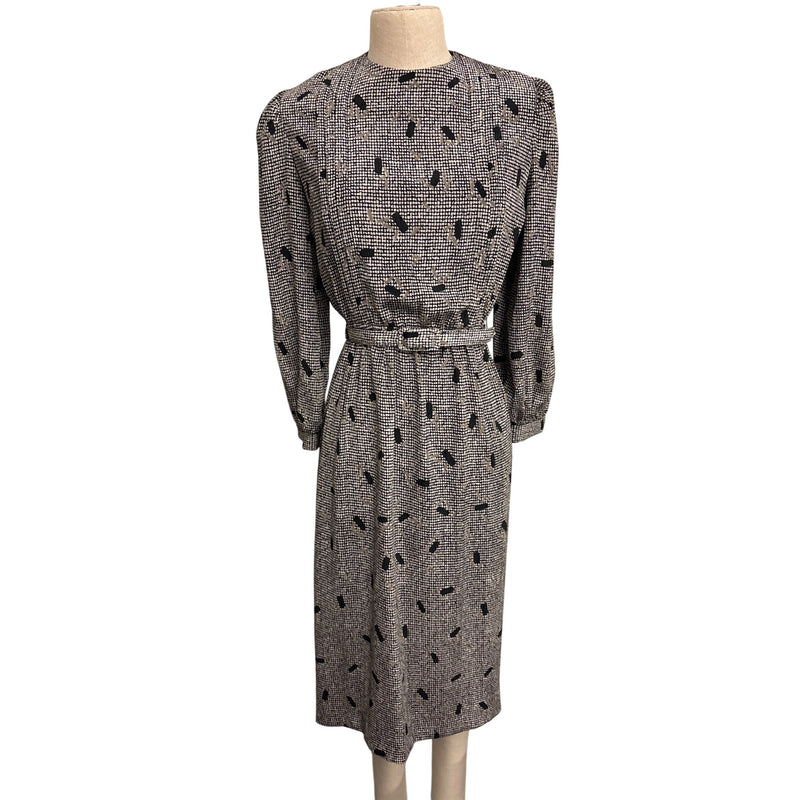Vintage Lady Carol Petites Black Beige Abstract Printed Belted Midi Dress Fundraiser for Sustainable Fashion Education Program