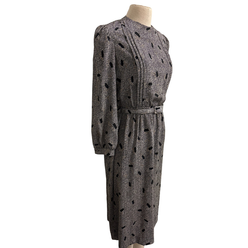 Vintage Lady Carol Petites Black Beige Abstract Printed Belted Midi Dress Fundraiser for Sustainable Fashion Education Program