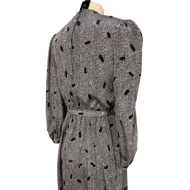 Vintage Lady Carol Petites Black Beige Abstract Printed Belted Midi Dress Fundraiser for Sustainable Fashion Education Program