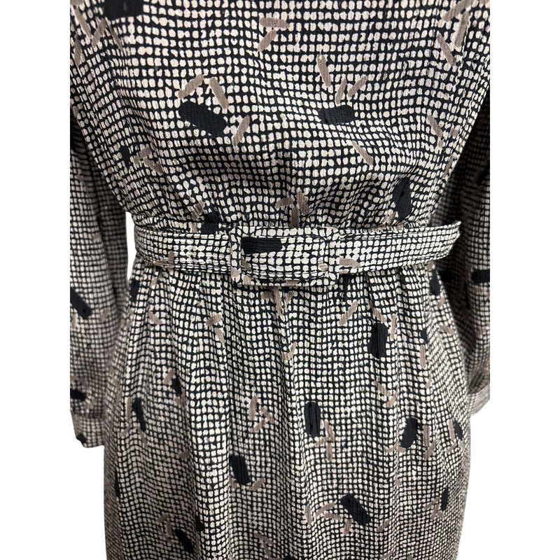Vintage Lady Carol Petites Black Beige Abstract Printed Belted Midi Dress Fundraiser for Sustainable Fashion Education Program