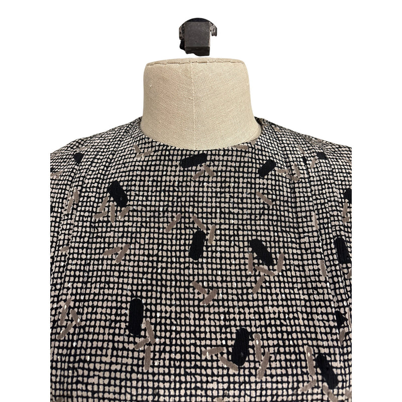 Vintage Lady Carol Petites Black Beige Abstract Printed Belted Midi Dress Fundraiser for Sustainable Fashion Education Program