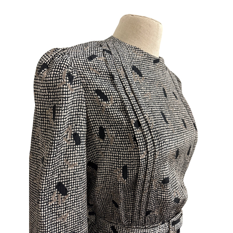 Vintage Lady Carol Petites Black Beige Abstract Printed Belted Midi Dress Fundraiser for Sustainable Fashion Education Program