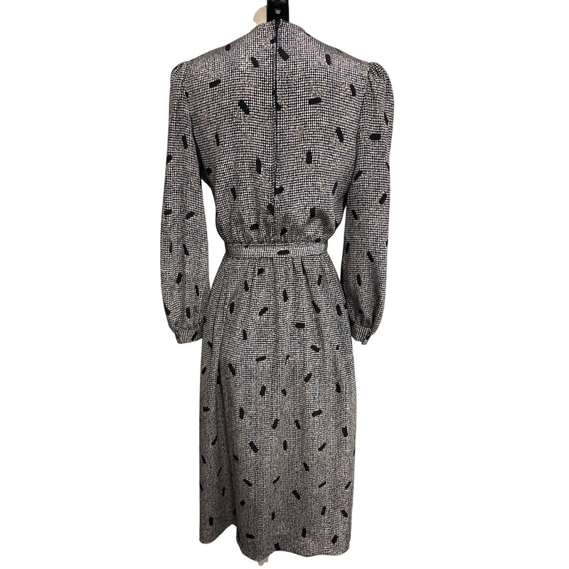 Vintage Lady Carol Petites Black Beige Abstract Printed Belted Midi Dress Fundraiser for Sustainable Fashion Education Program