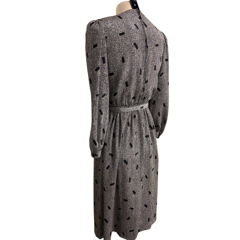 Vintage Lady Carol Petites Black Beige Abstract Printed Belted Midi Dress Fundraiser for Sustainable Fashion Education Program