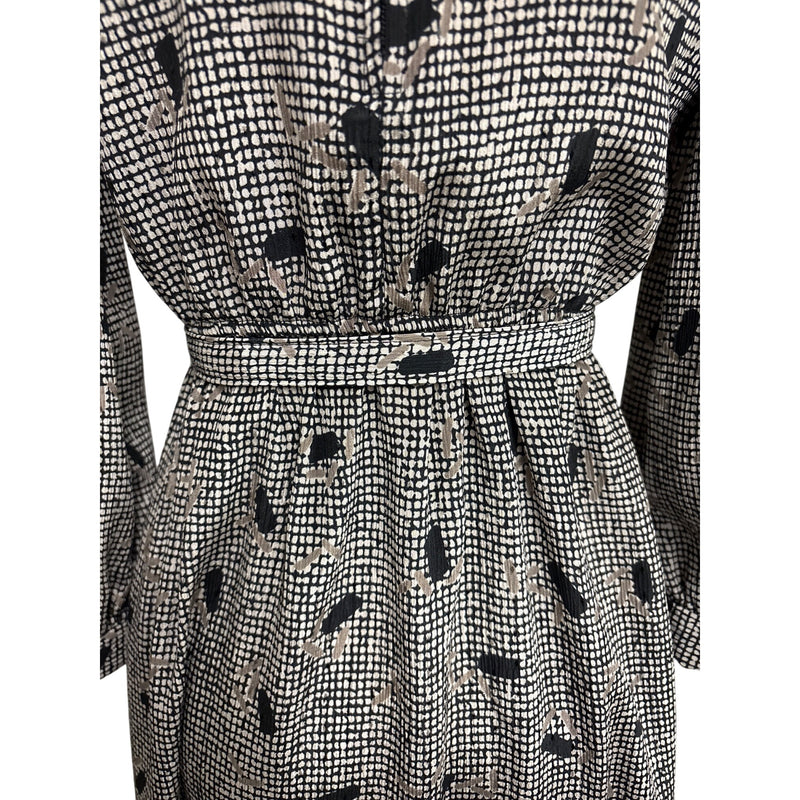 Vintage Lady Carol Petites Black Beige Abstract Printed Belted Midi Dress Fundraiser for Sustainable Fashion Education Program