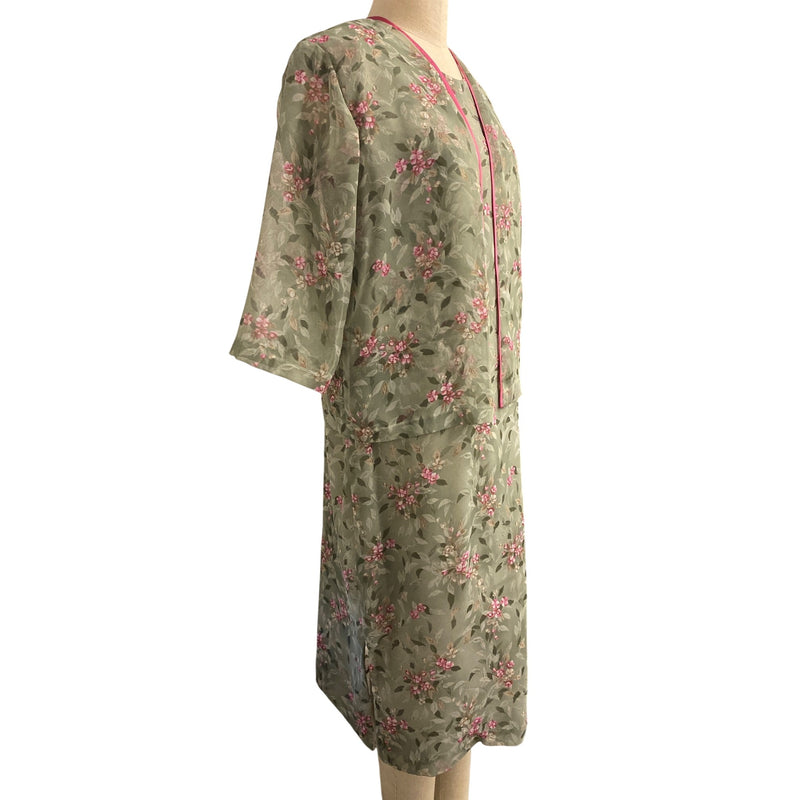 Vintage Floral Two-Piece Dress With Sheer Overlay and Pink Trim