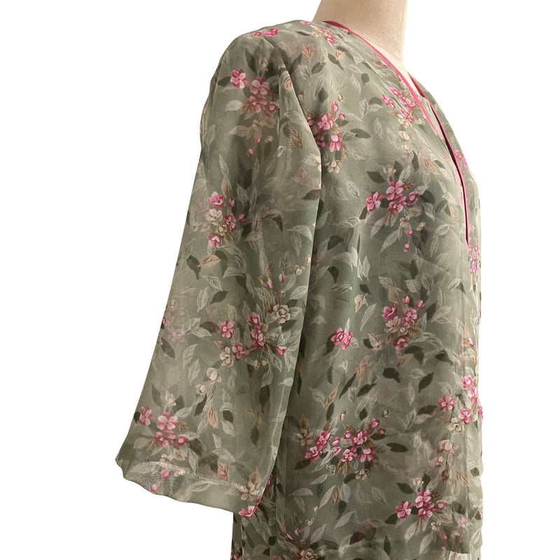 Vintage Floral Two-Piece Dress With Sheer Overlay and Pink Trim