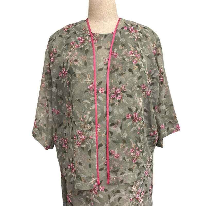 Vintage Floral Two-Piece Dress With Sheer Overlay and Pink Trim
