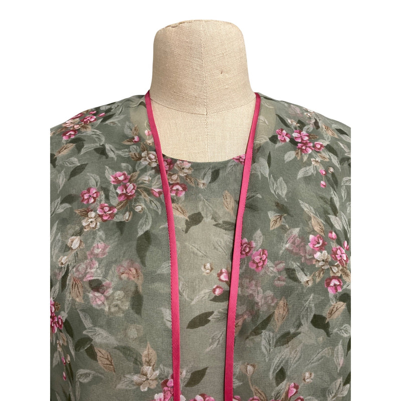 Vintage Floral Two-Piece Dress With Sheer Overlay and Pink Trim