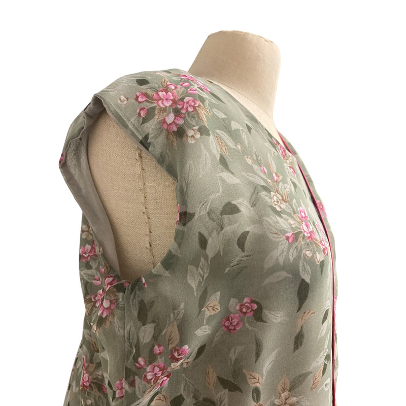 Vintage Floral Two-Piece Dress With Sheer Overlay and Pink Trim