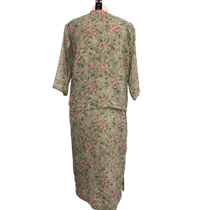 Vintage Floral Two-Piece Dress With Sheer Overlay and Pink Trim