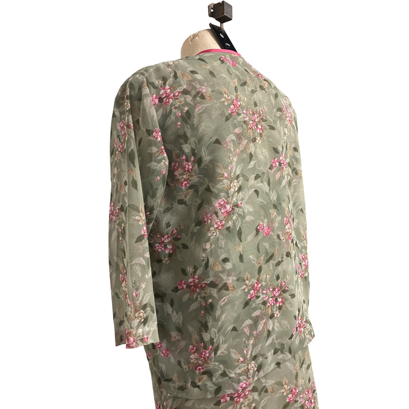 Vintage Floral Two-Piece Dress With Sheer Overlay and Pink Trim