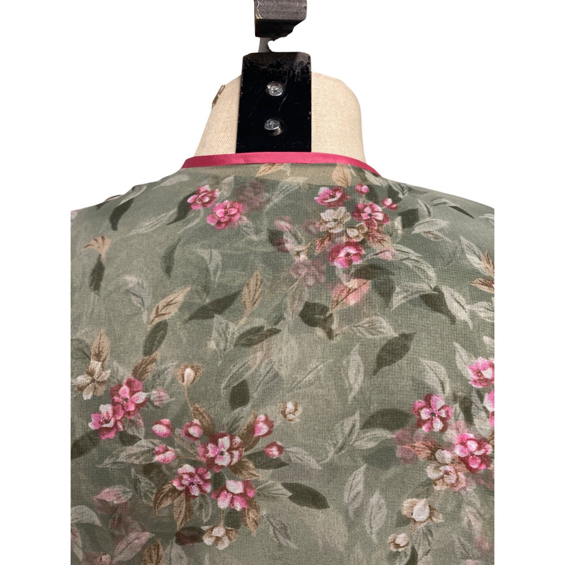 Vintage Floral Two-Piece Dress With Sheer Overlay and Pink Trim