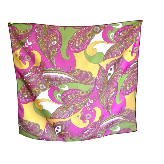 Vintage 1960s Paisley Silk Scarf In Bright Pink Yellow Green Colors