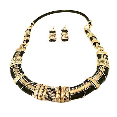 Vintage Artisan Handmade Brutalist Black Leather Silver-Tone Statement Set Necklace Earrings Fundraiser Supports Sustainable Fashion