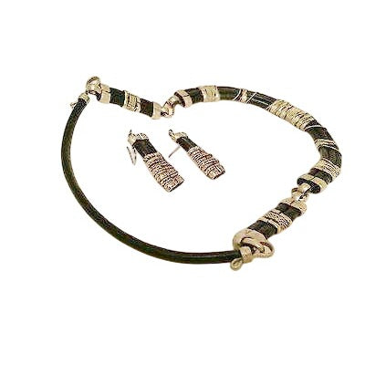 Vintage Artisan Handmade Brutalist Black Leather Silver-Tone Statement Set Necklace Earrings Fundraiser Supports Sustainable Fashion