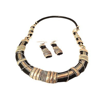 Vintage Artisan Handmade Brutalist Black Leather Silver-Tone Statement Set Necklace Earrings Fundraiser Supports Sustainable Fashion
