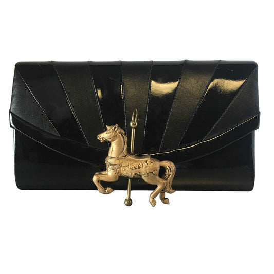 Black Patent Leather Envelope Clutch Bag Vintage Accessory
