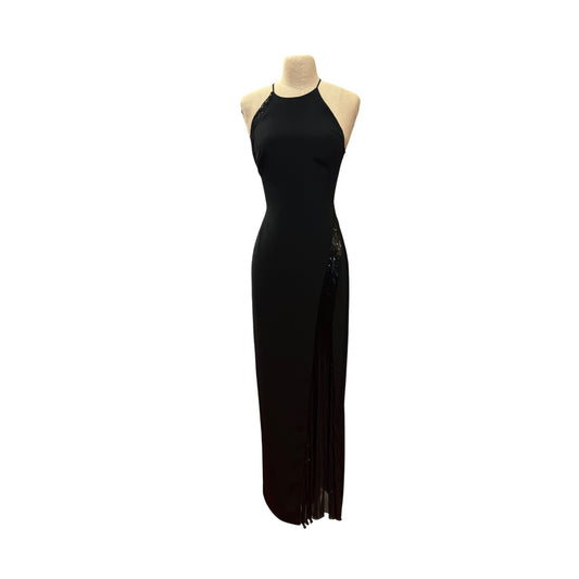Vintage Niteline Elegant Black Sleeveless Evening Gown With Beaded Side Fringe Slit Design Homecoming Prom Formal Bridal Dress