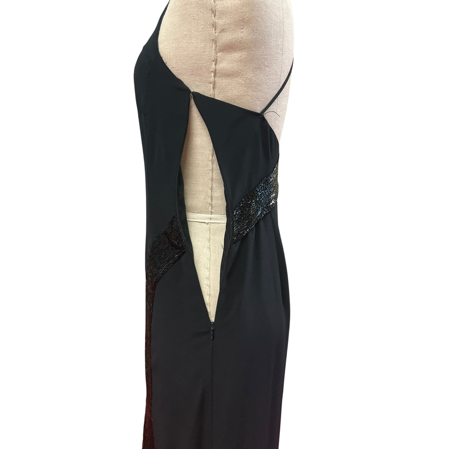 Vintage Niteline Elegant Black Sleeveless Evening Gown With Beaded Side Fringe Slit Design Homecoming Prom Formal Bridal Dress