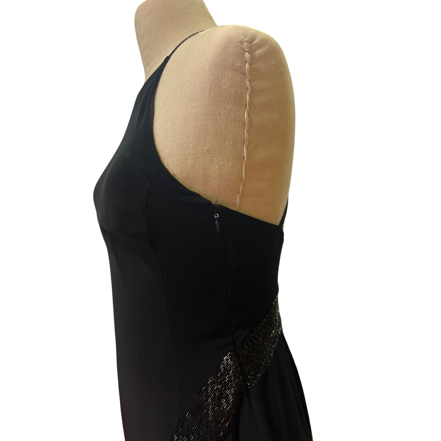 Vintage Niteline Elegant Black Sleeveless Evening Gown With Beaded Side Fringe Slit Design Homecoming Prom Formal Bridal Dress