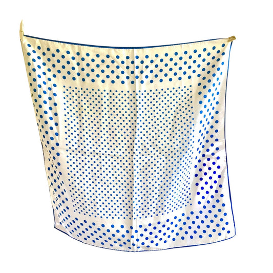 Vintage 1960s Japanese Square Scarf White & Blue Polka Dot Design 26.5" All Acetate