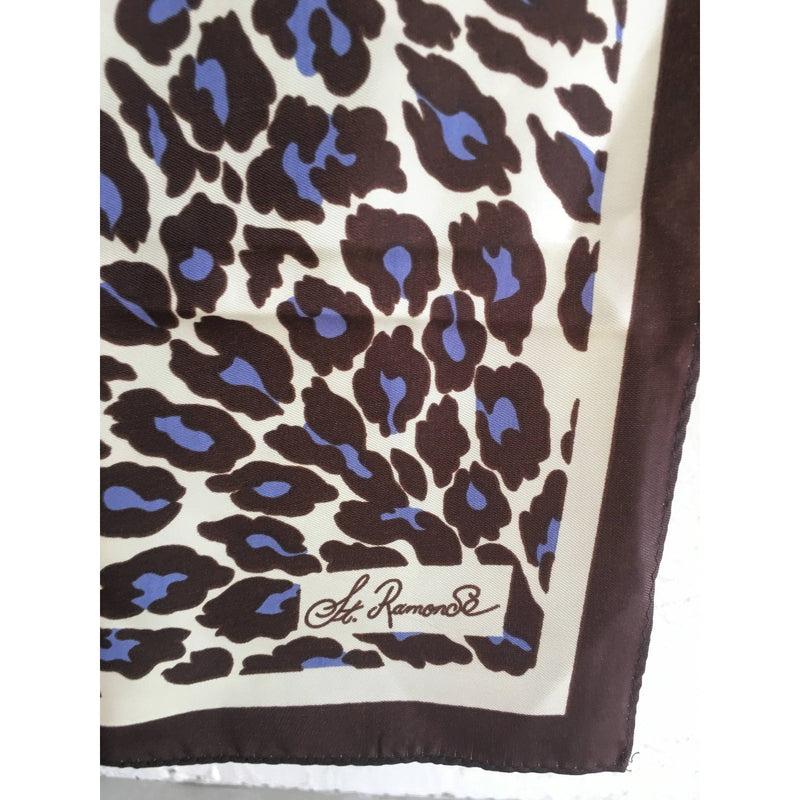 Vintage St. Ramon Se Leopard Print Silk Scarf 26" Square Brown & Purple Hand-Rolled Hem