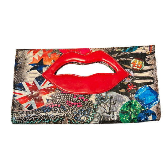 Lips Handle Multicolor Printed Clutch With Inner Zipper Magnetic Closure