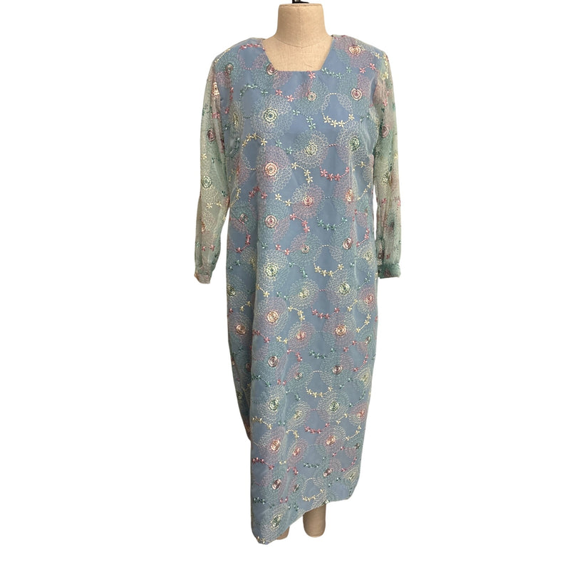 Vintage Pastel Floral Embroidered Sheer Long Sleeve Midi Dress Boho Style, Fundraiser for Sustainable Fashion Education Program