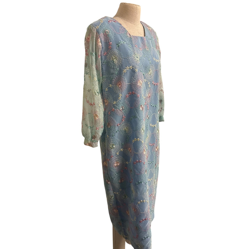 Vintage Pastel Floral Embroidered Sheer Long Sleeve Midi Dress Boho Style, Fundraiser for Sustainable Fashion Education Program
