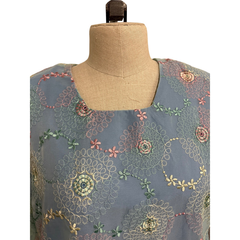 Vintage Pastel Floral Embroidered Sheer Long Sleeve Midi Dress Boho Style, Fundraiser for Sustainable Fashion Education Program