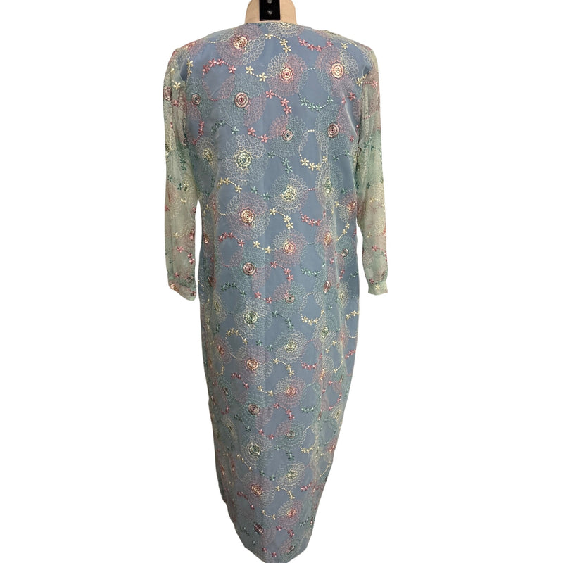Vintage Pastel Floral Embroidered Sheer Long Sleeve Midi Dress Boho Style, Fundraiser for Sustainable Fashion Education Program