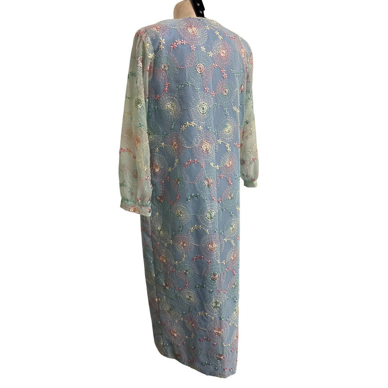 Vintage Pastel Floral Embroidered Sheer Long Sleeve Midi Dress Boho Style, Fundraiser for Sustainable Fashion Education Program