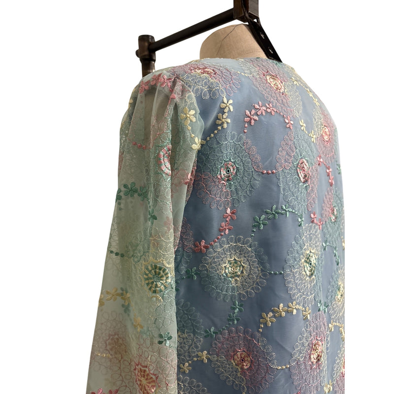 Vintage Pastel Floral Embroidered Sheer Long Sleeve Midi Dress Boho Style, Fundraiser for Sustainable Fashion Education Program