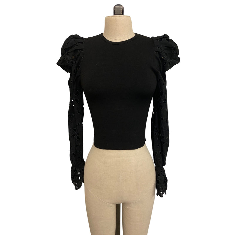 Zara Black Puff Sleeve Cropped Top With Eyelet Detail S