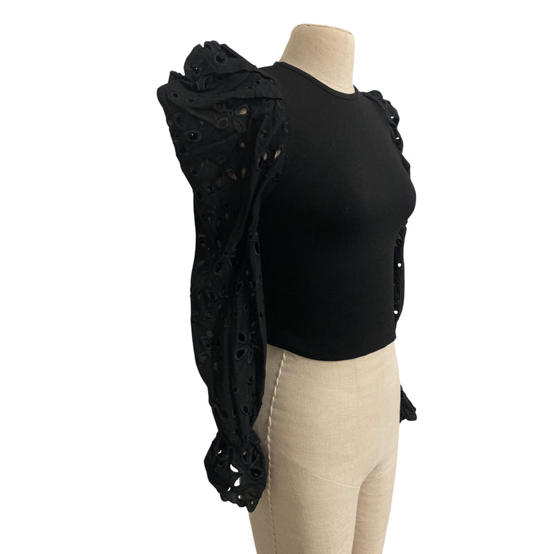 Zara Black Puff Sleeve Cropped Top With Eyelet Detail S